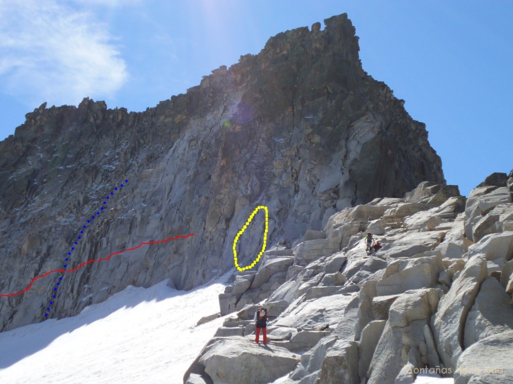 Puntos azules: Supuesta subida de Pep hace 10 años. Línea roja: Supuesto límite del glaciar o nevero en la pared hace 10 años. Línea discontinua amarilla: Supuesta parte de la pared por donde intentemos la escalada al Pico Maldito.